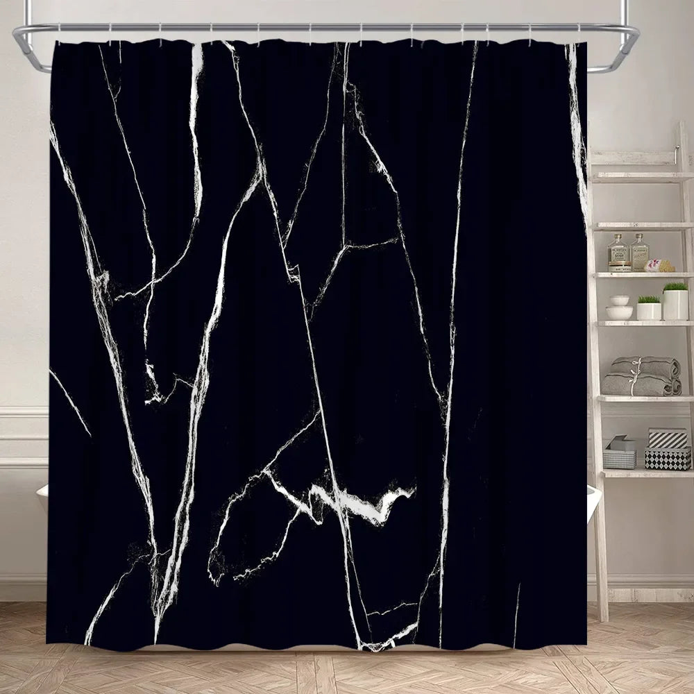 Black Marble Shower Curtain Set White Lines Cracked Pattern Modern Geometric Bathroom Decor Non-slip Rug Bath Mats Toilet Cover home improvement
