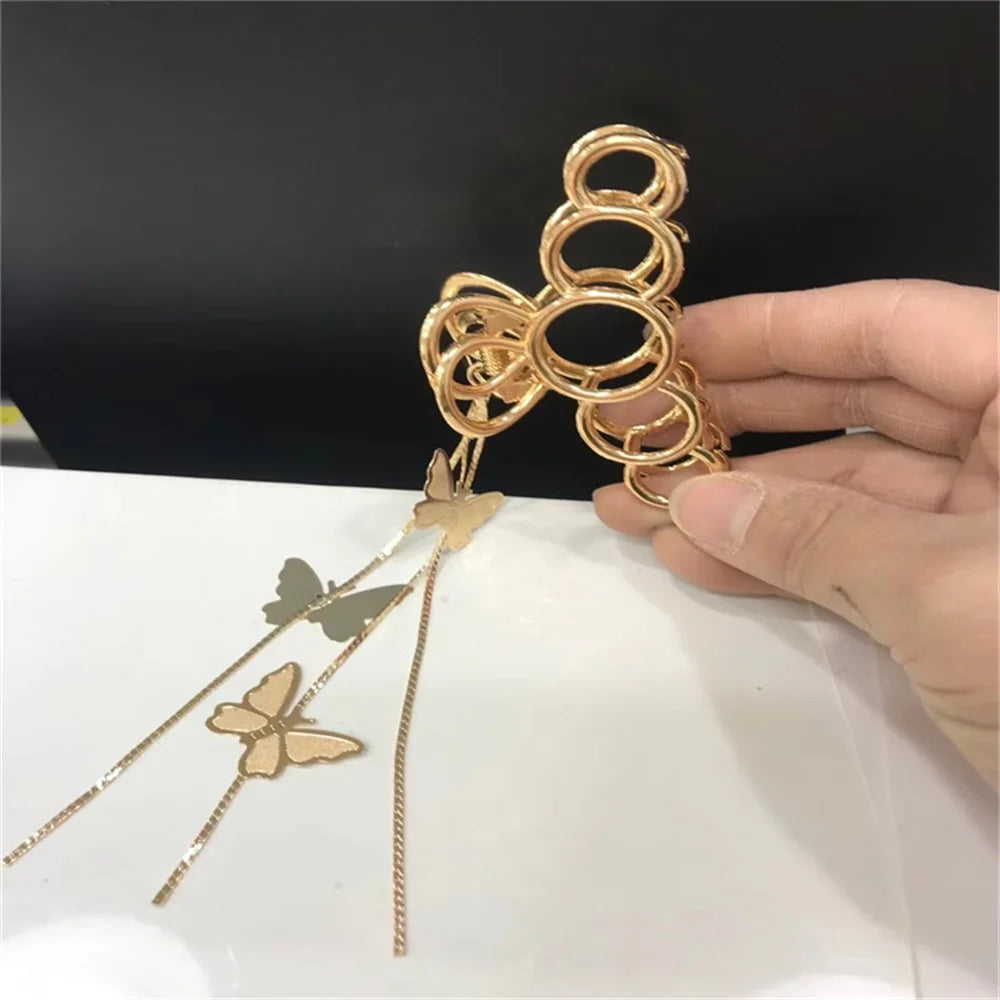 Temperament Hollow Butterfly Hair Claws Nonslip Elegent Golden Clips With Butterfly Tassel Hairband  Hair Accessories