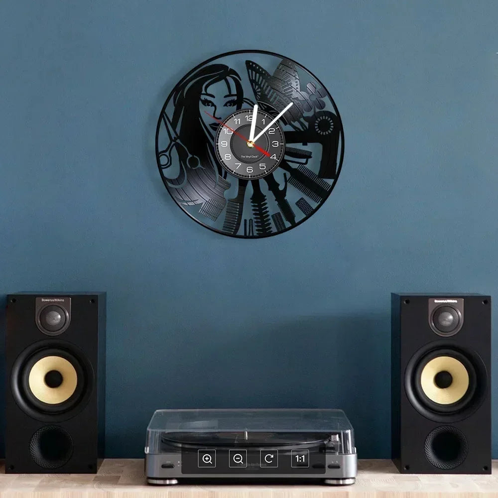Barber Shop Sign Silent Haircutting Wall Clock Hairdressing Beauty Salon Design Vinyl Record Clock Watch Barber Shop Wall Decor