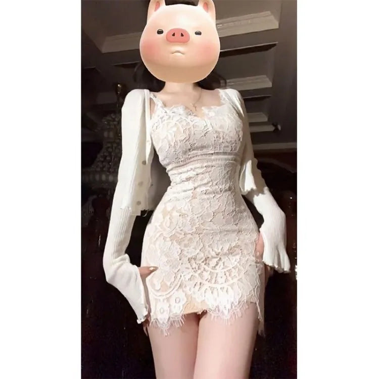Vintage Lace Slim Fit Bodycon Camisole Dress for Women+ Y2k Long Sleeve Sun Protection Cardigan 2025 Summer New Two Piece Sets