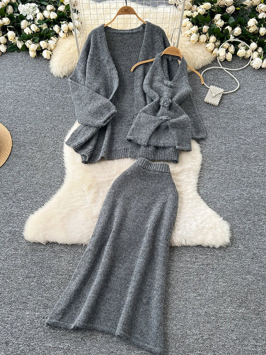 Damen Rosa 3-teiliges Set Vintage Langarmpullover A-Linie Lange Röcke Vintage Y2k Rock Sets Outfits Elegante 2000er Jahre Kleidung 2024 