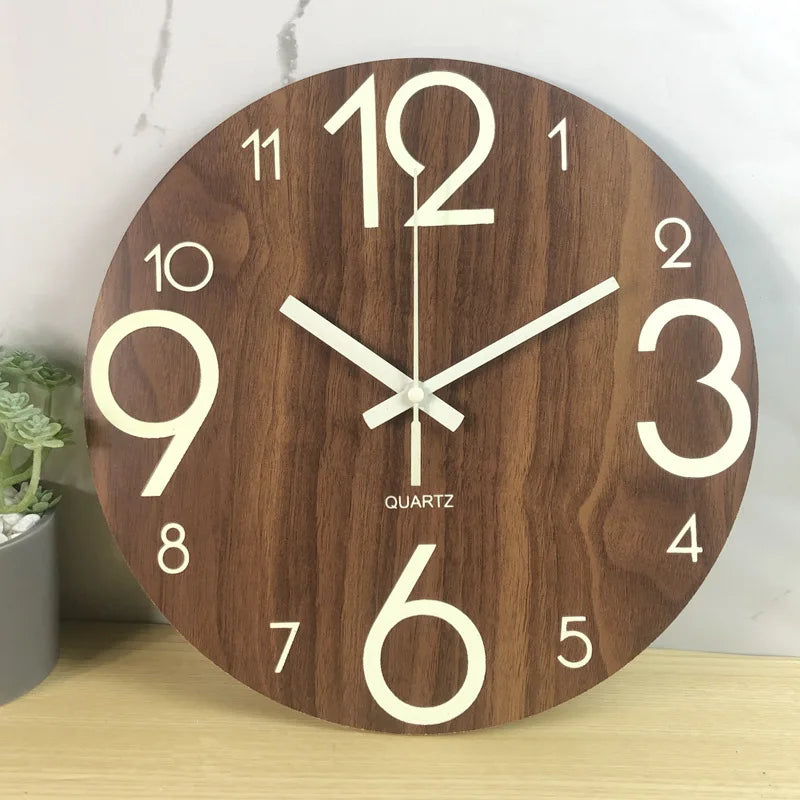 12 Inch Wall Clock Luminous Wood Night Glow Visible Nordic Silent Clock Decoration with Night Light for Bedroom Living Room Home