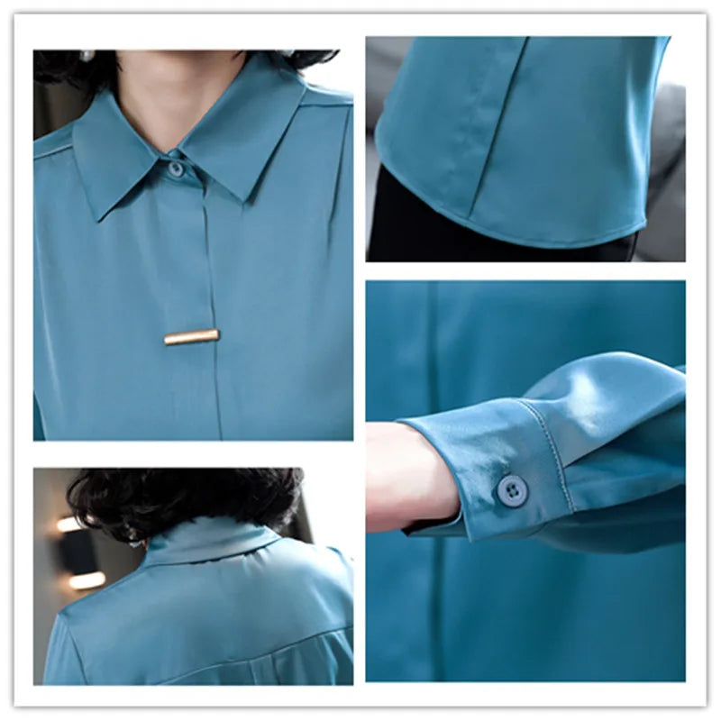 Women's Silk Shirts 2023 Spring Fashion Solid Loose Fashion Ladies Tops Button Long-sleeve Blouse Turn-down Collar Women Shirt