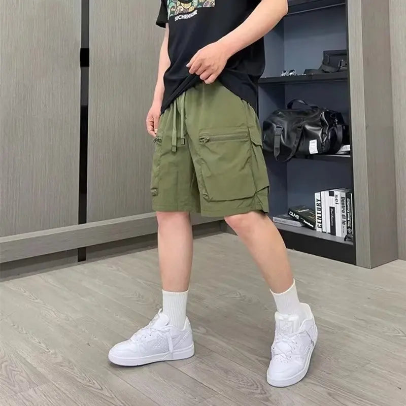 Cargo-Shorts für Herren, einfarbig, locker, trendig, amerikanischer Stil, High Street, mehrere Taschen, Reißverschluss, Alltag, Sommer, Kordelzug, schön, jugendlich 