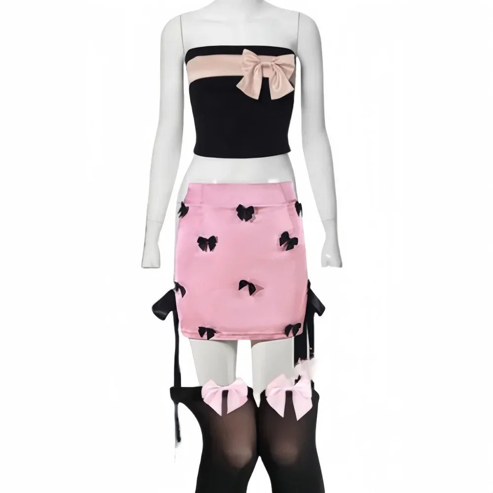 HLJ&GG Y2K Pink Fashion Bow Design Two Piece Sets For Women Sleeveless Backless Slim Tube + Mini Skirts Outfits Female Clothing