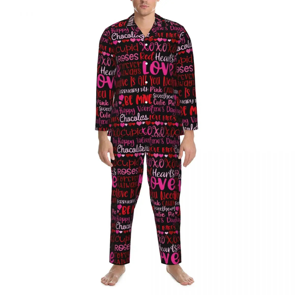 Valentine Hearts Pajama Sets Black and Red Cute Sleepwear Men Long Sleeve Retro Daily Two Piece Nightwear Plus Size