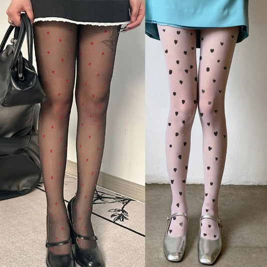 Women Valentines Silk Pantyhose Heart Flocking Patterned Sheer Leggings Tights