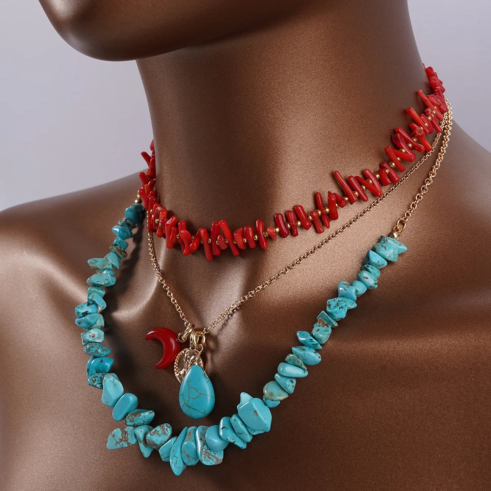 Bohemian Irregular Natural Stone And Coral Necklace Set for Spring And Summer With Necklace And Accessories For Women