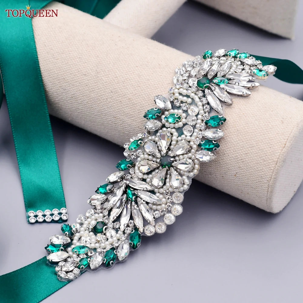 TOPQUEEN S22 Bride Rhinestone Belt Shiny Wedding Accessories Party Woman Emerald Belts Jewelry Wedding Dress Decoration Sash