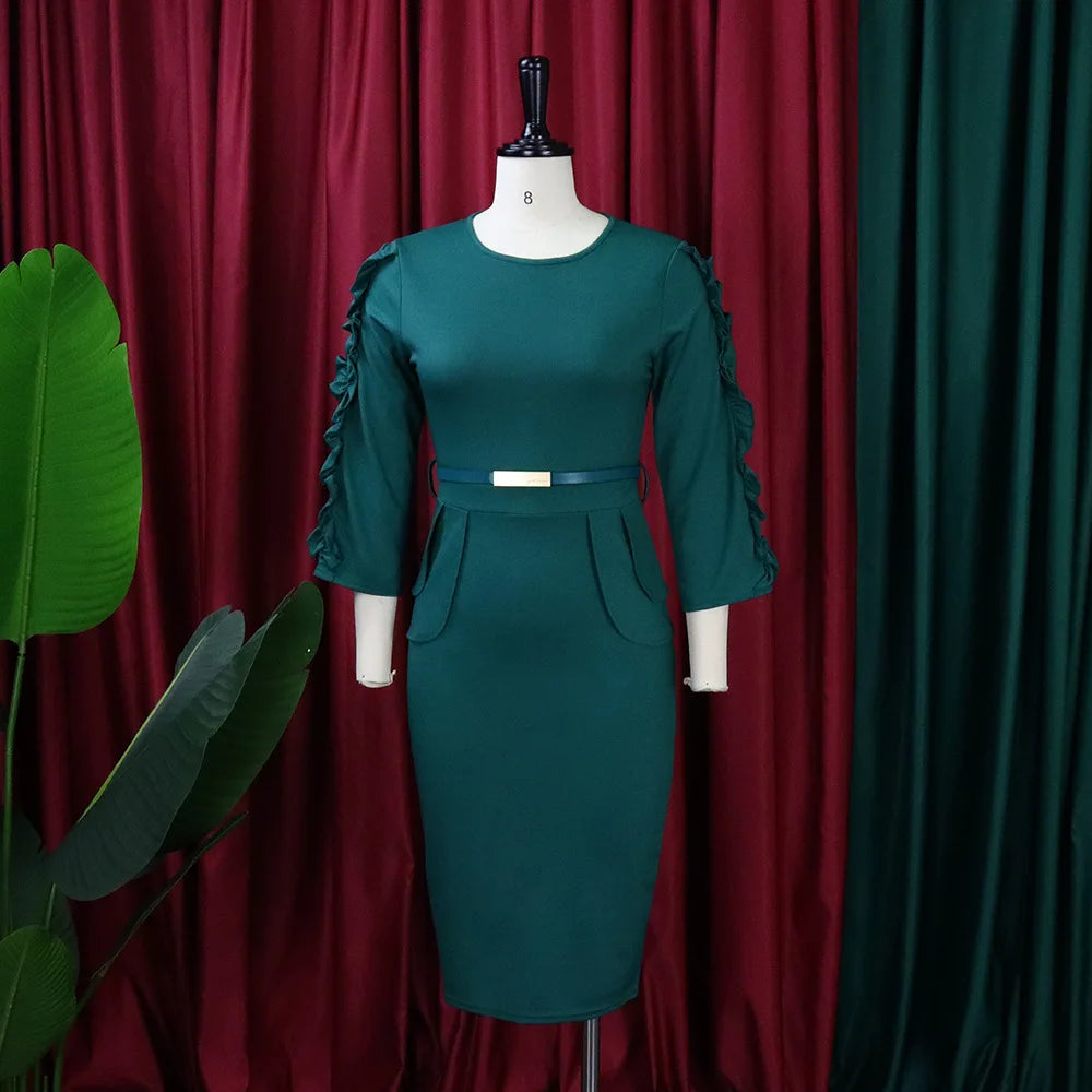 FairyShely 2025 Solid Ruffle Long Sleeve Plus Size Dress Women O Neck Large Big Dresses Lady Autumn Belt Party Tight Curvy Dress