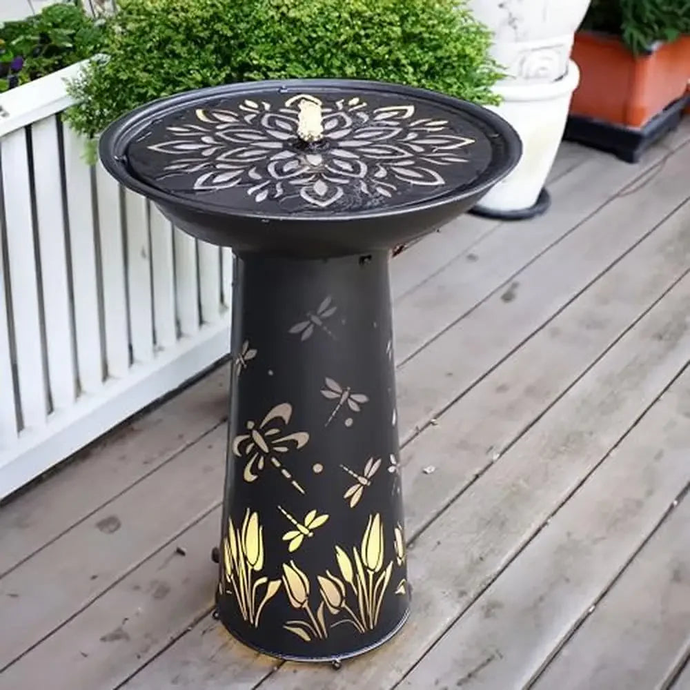 Dragonfly Design Outdoor Bird Bath Fountain with LED Lights 26.75-Inch Height Garden Accent Submersible Electric Pump Iron