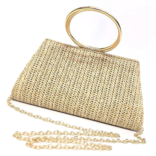Straw Tote Handbags for Women Trend Summer Beach Woven Purses with Metal Circle Top Handle Ladies Shoulder Messenger Bags