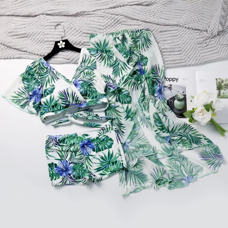 New Matching Swimsuits for Couples Beachwear 3 Pack Set Short Sleeve Women Swimwear Print High Waisted Pants Men Swimming Shorts