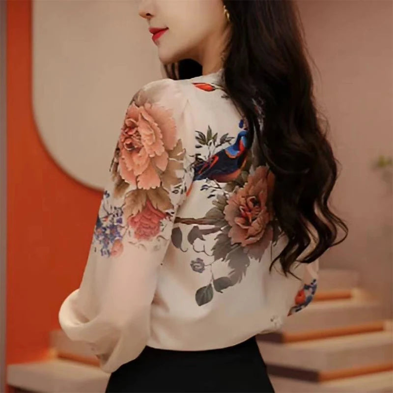 V-neck Vintage Printed Long Sleeve Shirt Female Elegant Fashion All-match Pullover Blouse Women oversized Blouse