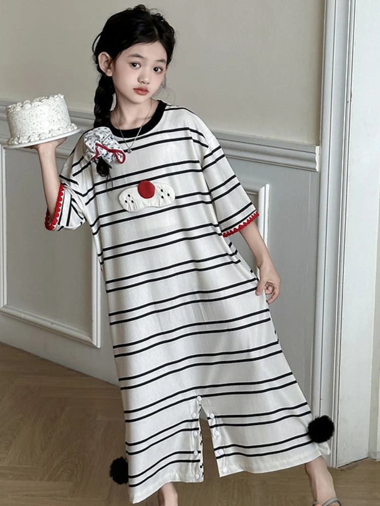 Girls Skirt Nightdress Summer Children Pajama Girls 2024 New Summer Women Thin Family Home Simple Casual Dress Children