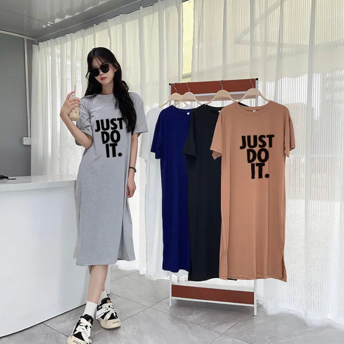 Korean version short sleeved t-shirt dress summer clothing fashionable and minimalist long dress casual knee length dress D42B
