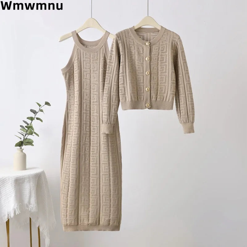 Knited Fall Winter Warm Women 2 Piecce Sets O-neck Single Breasted Cardigan Coats Tops Conjunto Korea Sleeveless Dresses Outfit