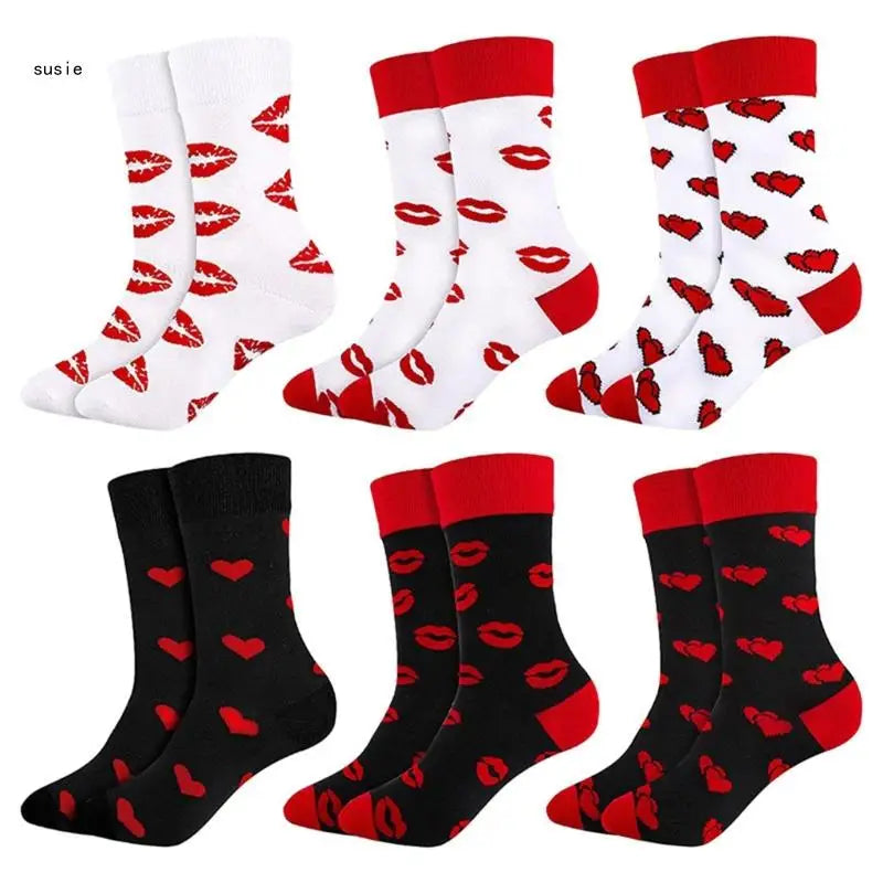 Cotton Middle Calf Socks for Him and Her Heart Lips Pattern for Valentines Day X7YA
