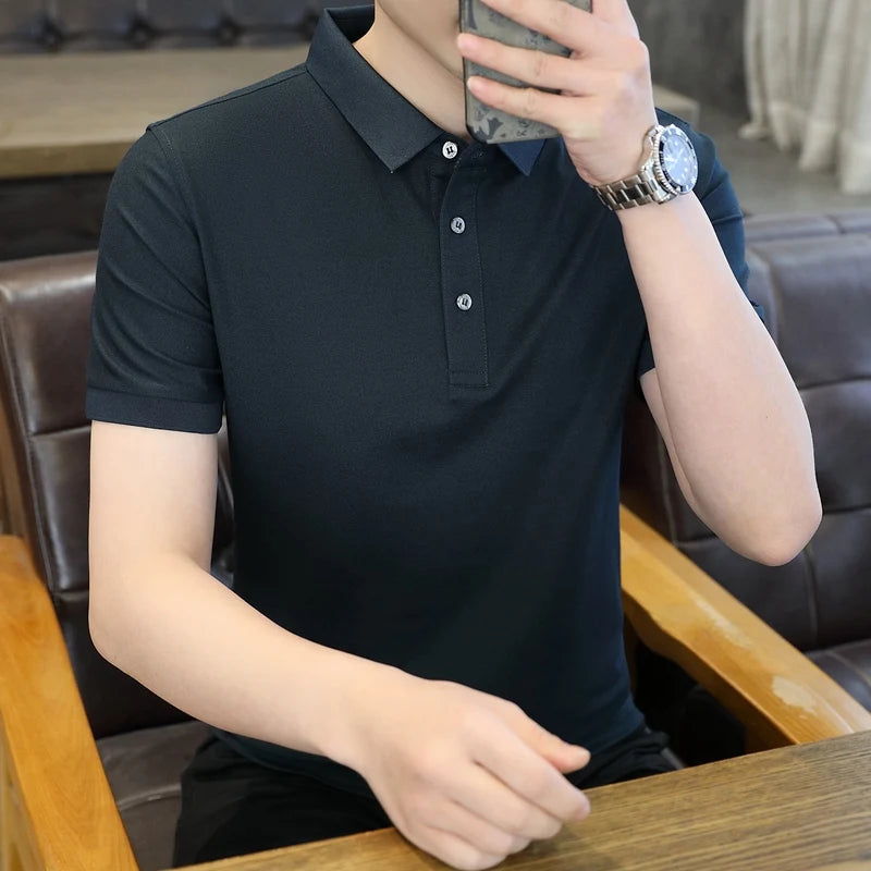 Summer Short Sleeve Men's Solid Button Pullover Turn-down Collar Vacation T-shirt Casual Formal Undershirt Preppy Style Tops