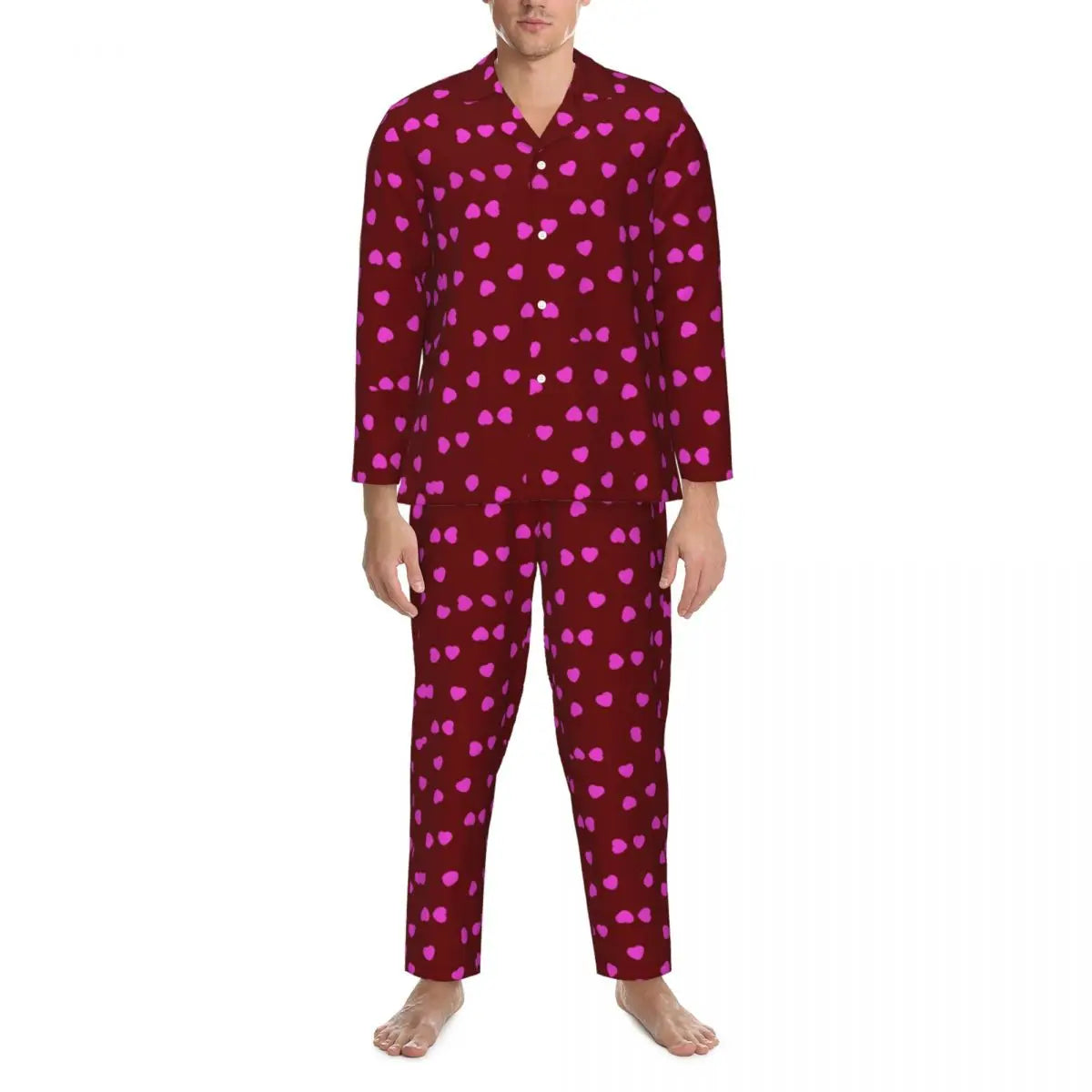 Valentine Hearts Pajama Sets Black and Red Cute Sleepwear Men Long Sleeve Retro Daily Two Piece Nightwear Plus Size