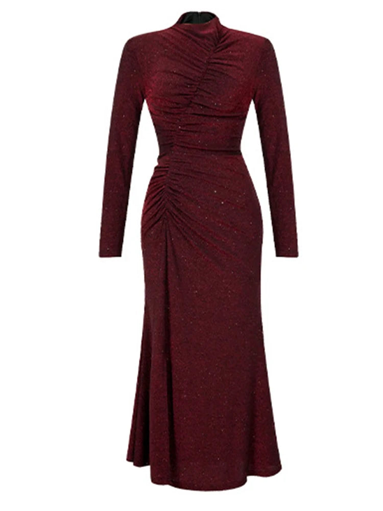 Women‘s Fashion Elegant Birthday Party Dress Female Clothing Glitter Bright Sequin Slit Folds Fishtail Robe Evening Prom Vestido