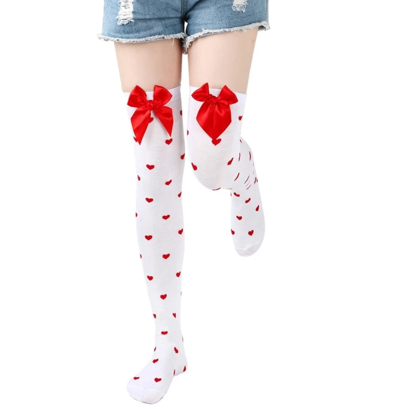 Valentine Day Bow Lip Heart Pattern Thigh High Stockings Tights for Women