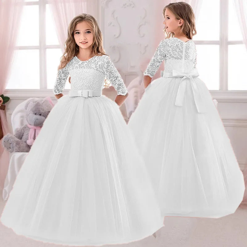 Girls Lace Embroidered Bow Princess Dress Long Sleeve Tulle Gown For Toddler First Communion Bridesmaid Wedding Birthday Party