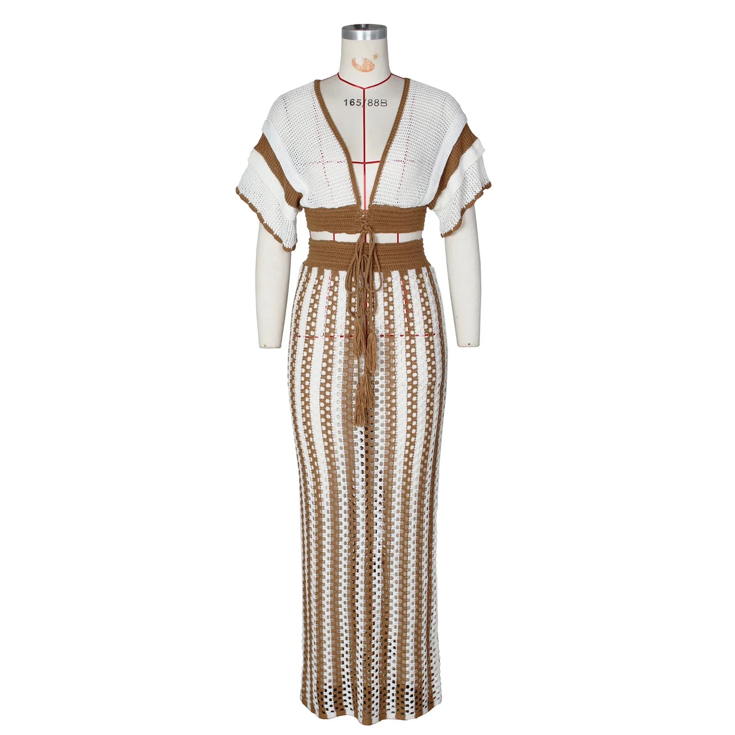 Striped Knitted Two Piece Set Women Outfit Y2K Clothes Clubwear Party Hollow Out V-neck Crop Top and Long Skirt Maxi Dress Sets