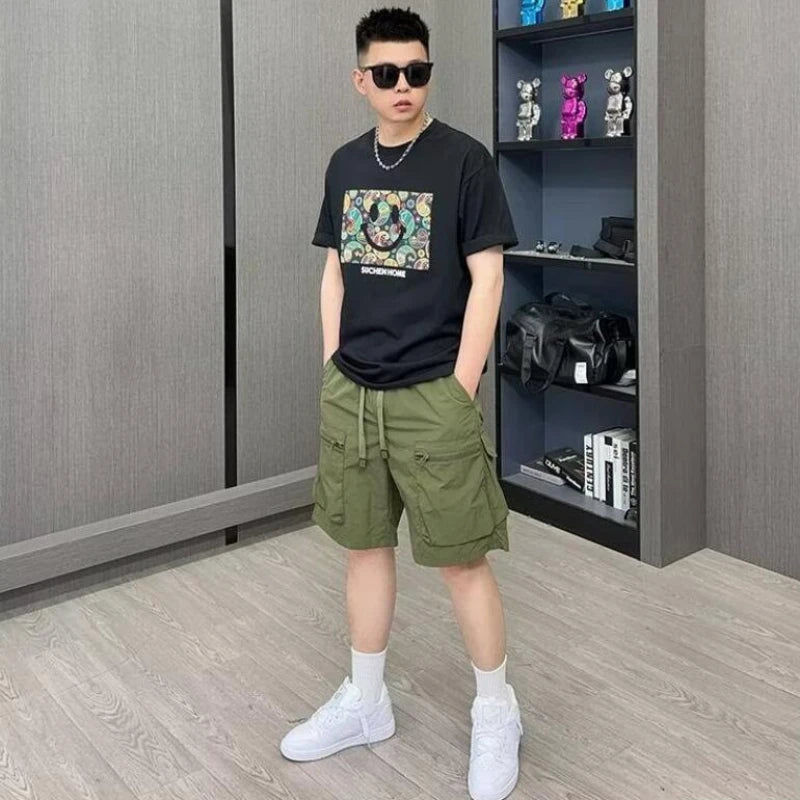 Cargo-Shorts für Herren, einfarbig, locker, trendig, amerikanischer Stil, High Street, mehrere Taschen, Reißverschluss, Alltag, Sommer, Kordelzug, schön, jugendlich 