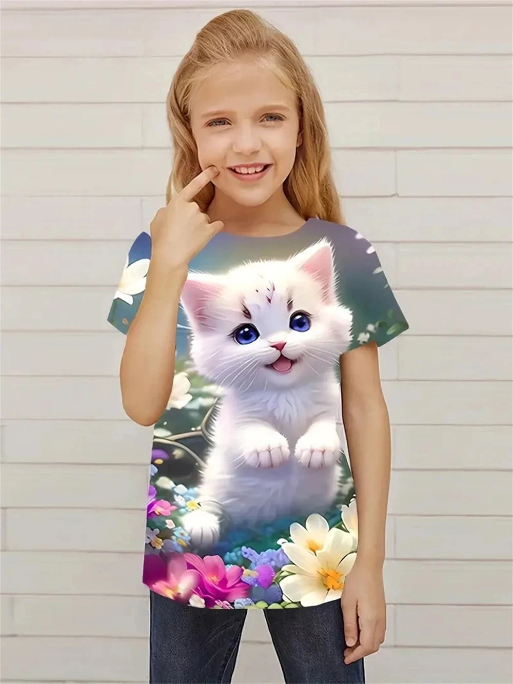 Neues T-Shirt mit 3D-Druck „Gartenkatzen“ für Mädchen, kurzärmelig, trendige Neuheit, T-Shirts für Kinder, Partyspaß, Alltags-T-Shirt, Mädchen-Oberteile, Kleidung 