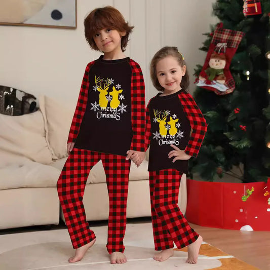 2024 Christmas Family outfit Gold fawn print Christmas family outfit crew-neck plaid Spring/ autumn pajamas set Halloween home