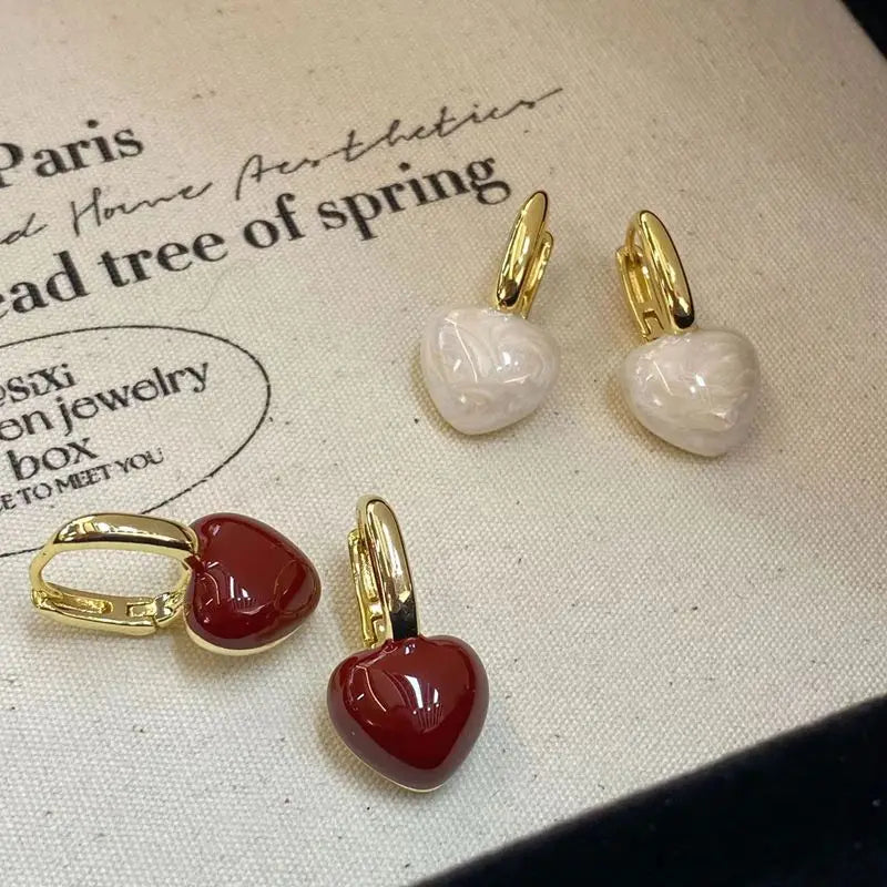 French Drop Glaze Red Love Earrings Female Harbor Style Niche High-end Sense New Year Chinese New Year Earring Retro Earring