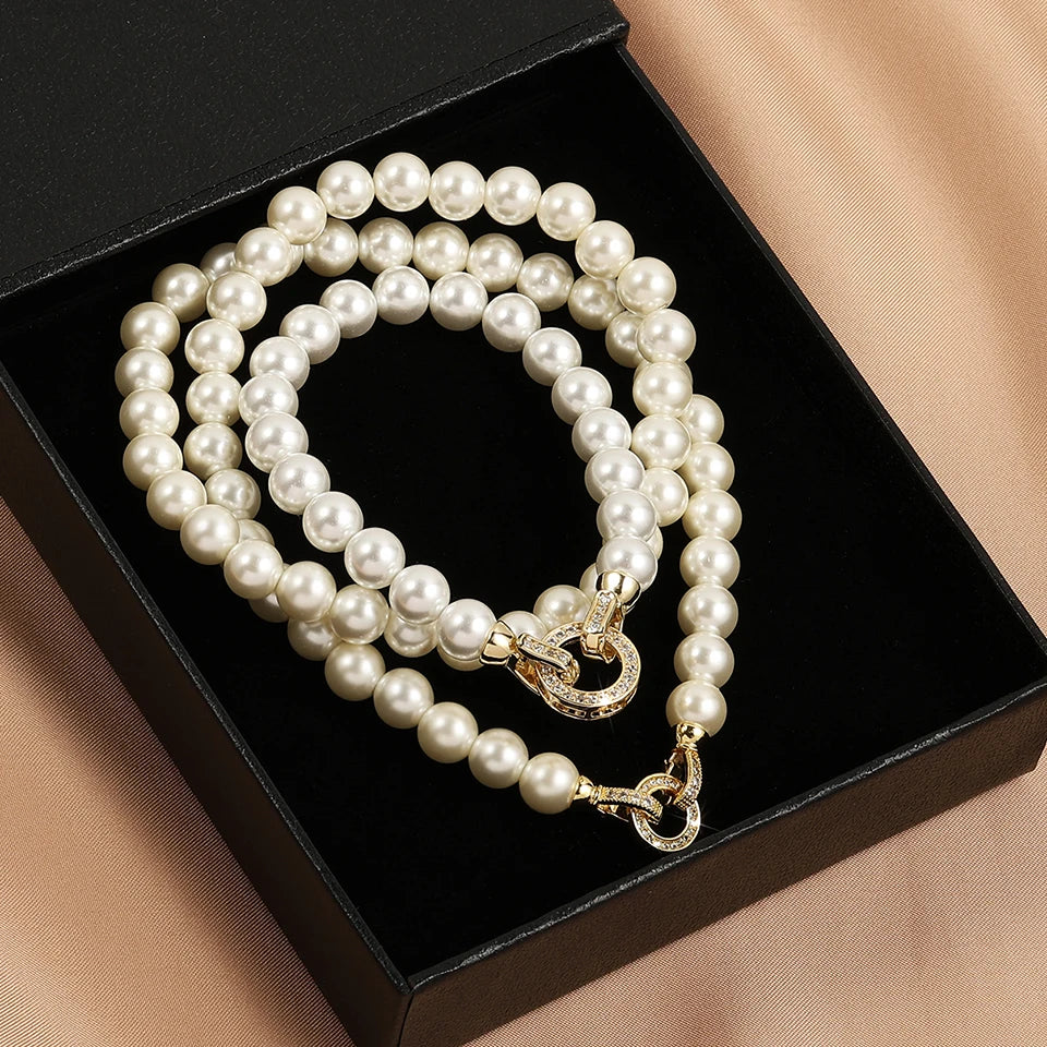ZAKOL Elegant Zircon Round Buckle Imitation Pearl Beaded Necklace Barcelet For Women's Temperament Jewelry Set Sweet Accessories