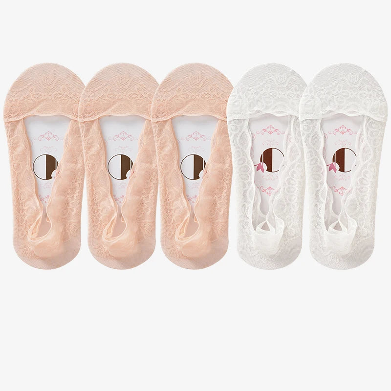 5pairs Summer Women Girl Silica Gel Lace Boat Socks Invisible Cotton Sole Non-slip Antiskid Slippers Anti-Slip Short Ankle Socks