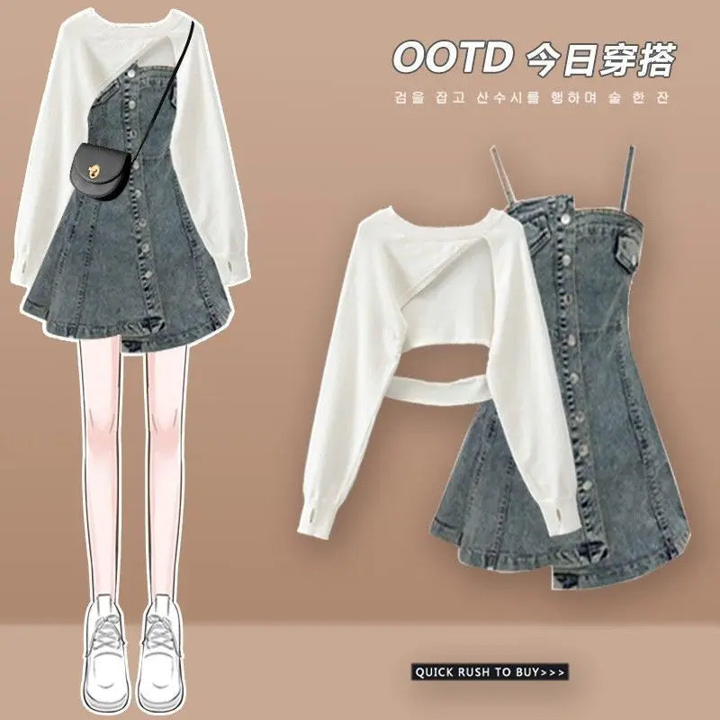 2024 Women's Autumn New Fashion Dress Matching Set Korean Elegant Short Irregular Long Sleeve Top+Strap Skirt Two Piece Suit