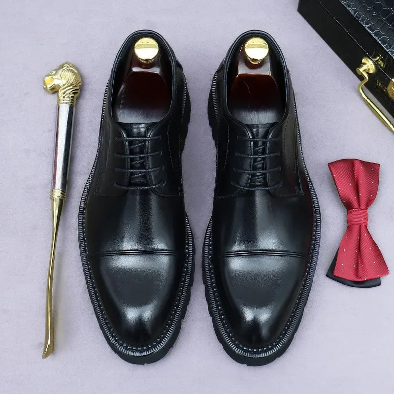 Retro Mens Dress Shoes Luxury Genuine Leather Platform 2025 British Trend Handmade Quality Comfortable Wedding Social Shoes Man
