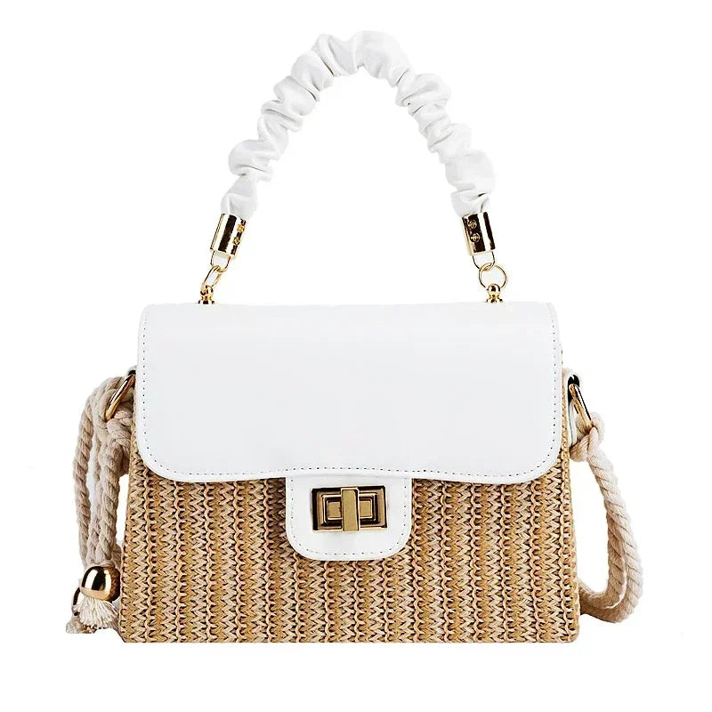 Straw Beach Bag for Women 2021 Summer Pleated Handle Luxury Designer  Contrast Color Crossbody Purse and Handbag Lady Bolsos