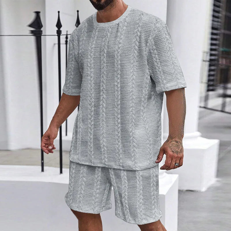 Fashion Summer Men‘s Casual 2-piece Set Streetwear Short Sleeve T Shirt + Shorts Harajuku Sportswear Knitted Tracksuit Clothing