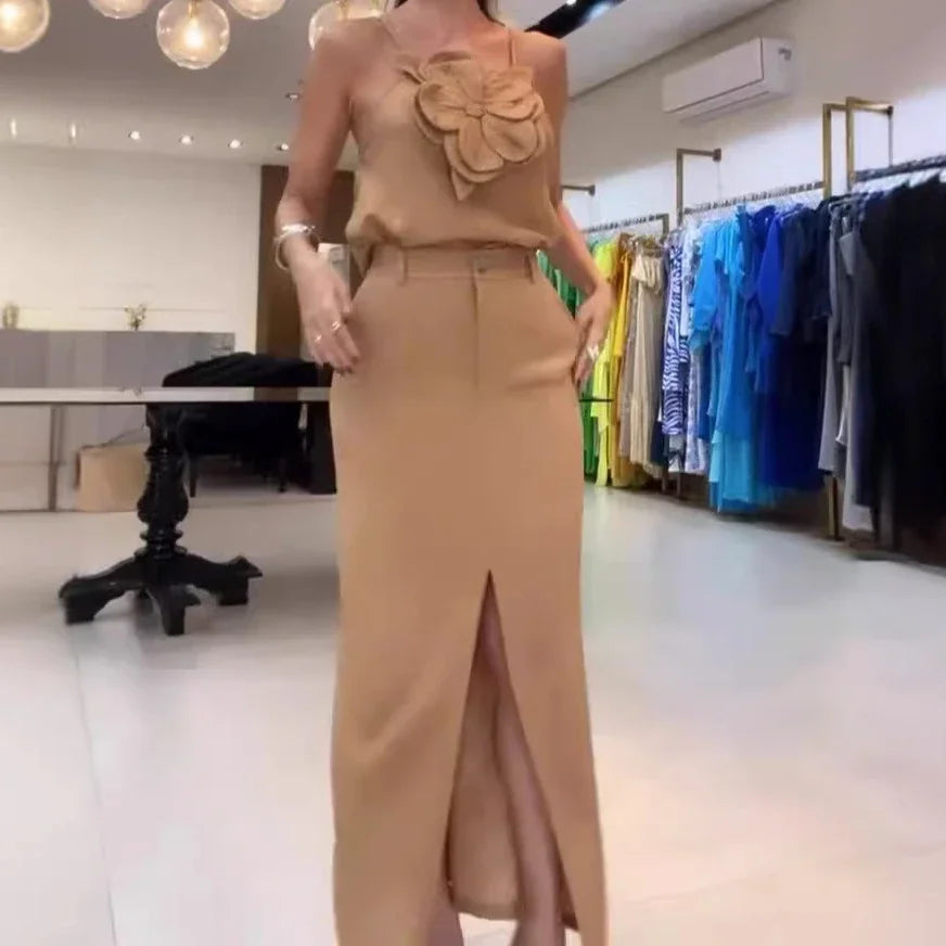 Skirt Set Women Dress Sets Two Piece Sets Slim Sling Sleeveless Floral Casual Short Tops Mid Length Skirts Elegant Splice Summer
