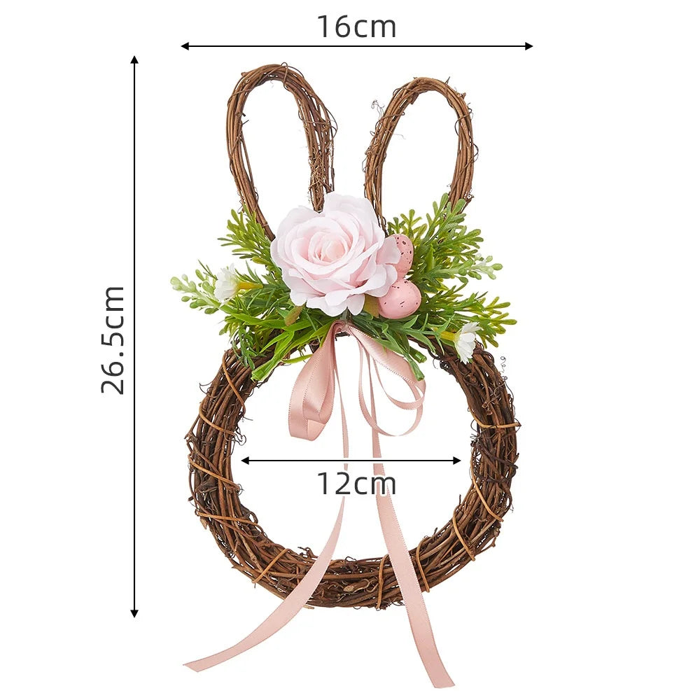 Easter Wreath Cartoon Rabbit Shape Outdoor Home Door Hanging Decoration Hand-Woven Simulated Wreath Ribbon Bow Decoration