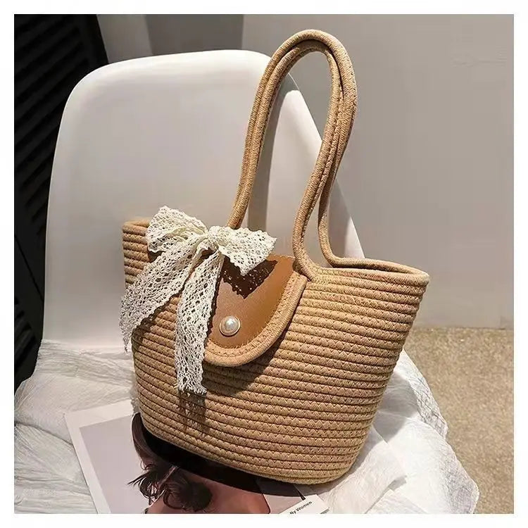 Woven Cotton Shoulder Bags for Women Summer Beach Bag Purse Female Handbag