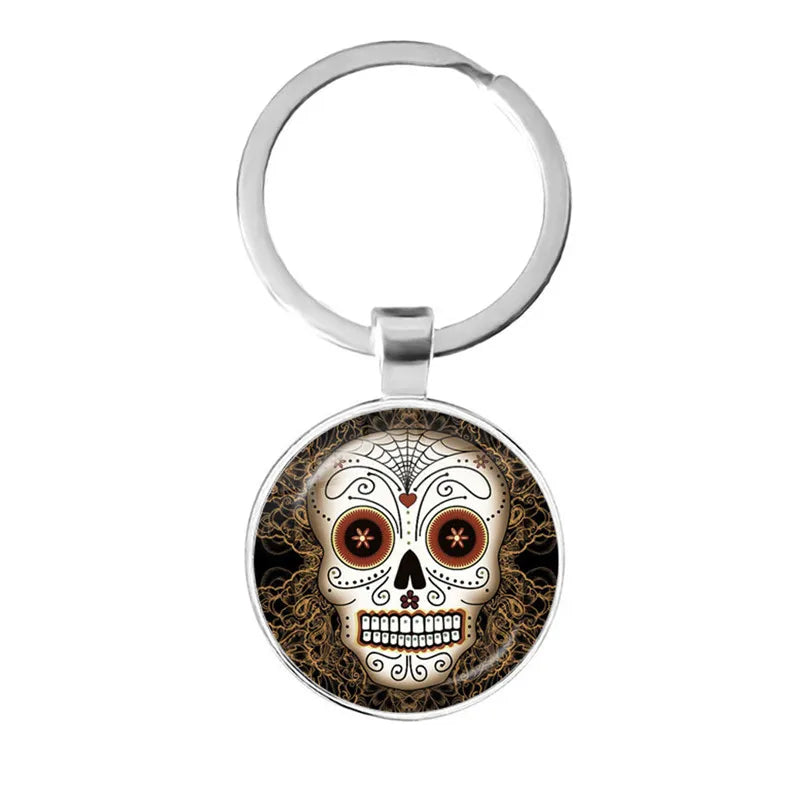 Fashion Colorful Sugar Skull Keychain Mexico Folk Art Patterns Glass Pendant Key Chain Jewelry Holiday Gift