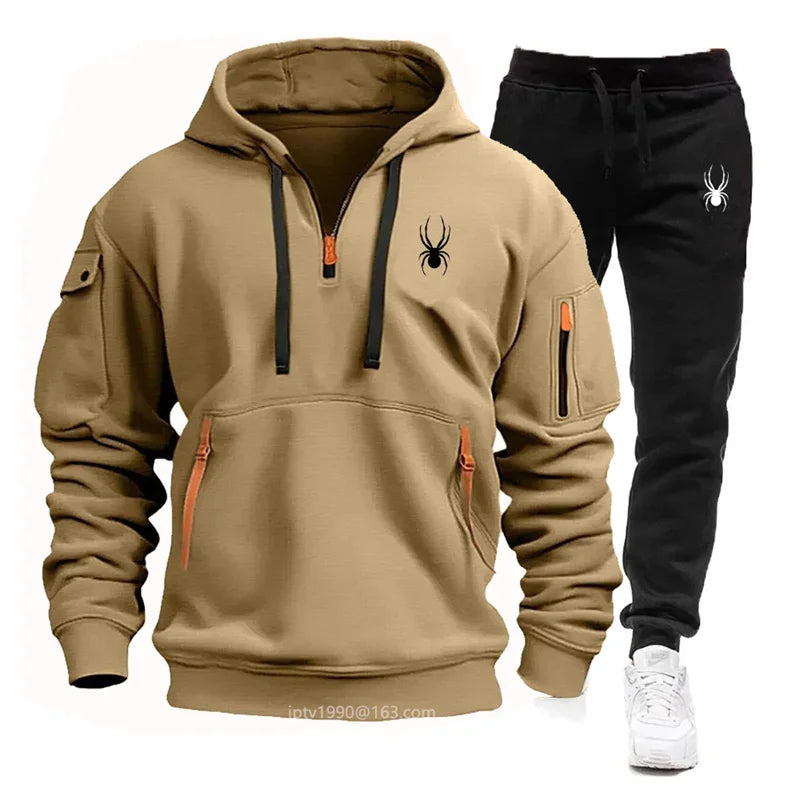 New men's sports suit hooded sweatshirt long pants arm pocket zipper fashionable casual outdoor jogging sportswear men's suit mon