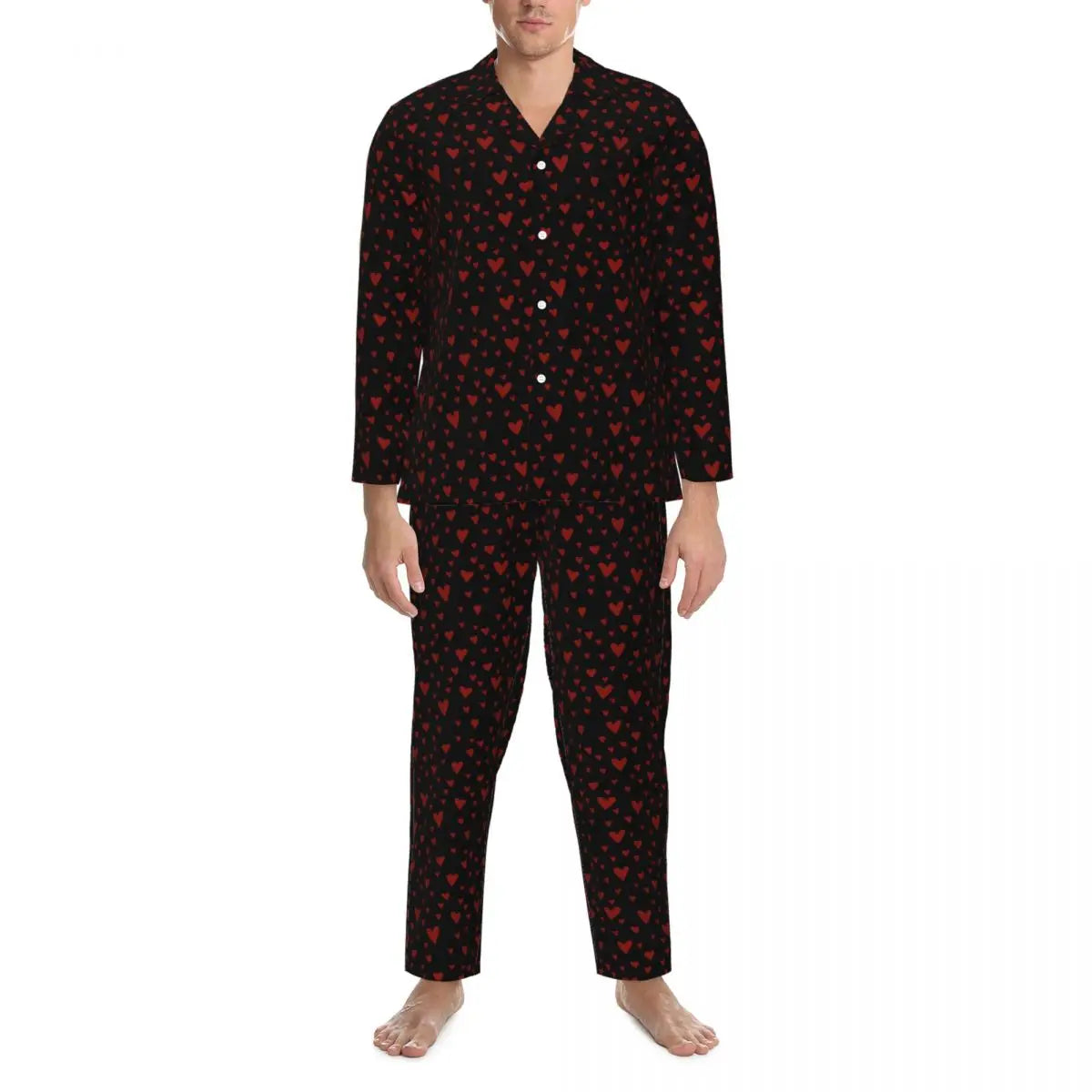 Valentine Hearts Pajama Sets Black and Red Cute Sleepwear Men Long Sleeve Retro Daily Two Piece Nightwear Plus Size