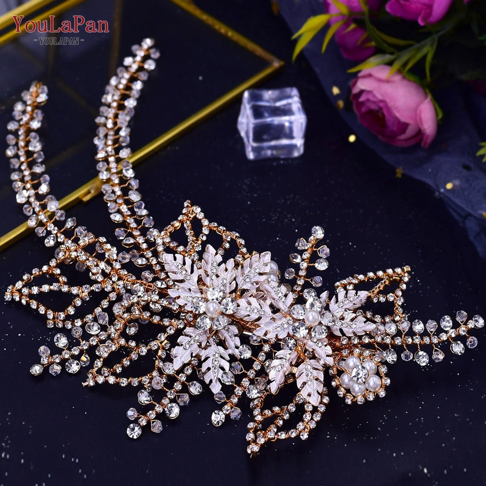 YouLaPan Crystal Bridal Headpiece Alloy Leaf Headband for Brides Wedding Hair Accessories Princess Tiara Pageant Headdress HP272