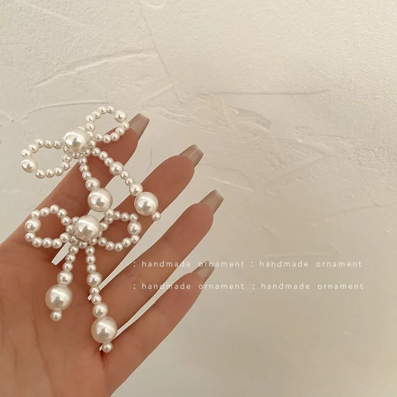 White Beaded Earrings Imitation Pearl Earrings Ear Clips Bowknot Long Tassel  Pearl Clip on Earrings Non Piercing Ear Jewelry