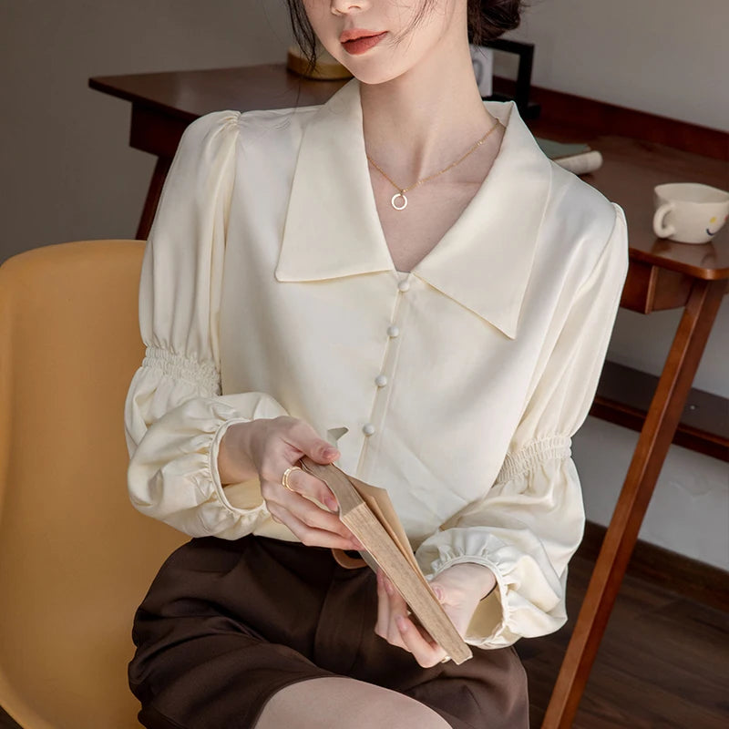 Elegant Lapel Lantern Sleeve Shirt Women's Clothing 2023 Autumn New Loose Casual Tops Loose Office Lady Blouse