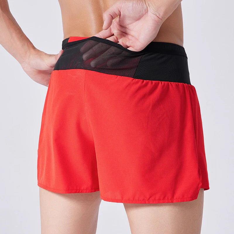 (S-4XL) شورت رياضي للجري الماراثوني سريع الجفاف بطبقتين للرجال والنساء والمراهقين مع جيب بسحاب وشورت تدريب لياقة بدنية بدون مسارات 