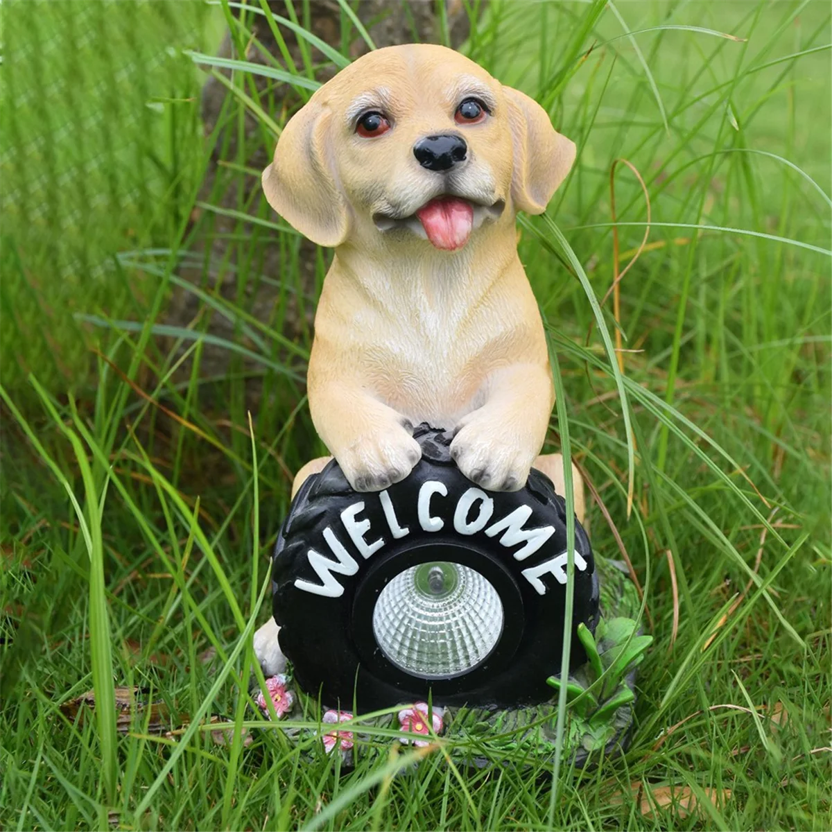 Solar Garden Dog Statue Welcome Sign with LED Lights Resin Solar Powered Puppy Figurine Decorative Sculpture for garden decoration
