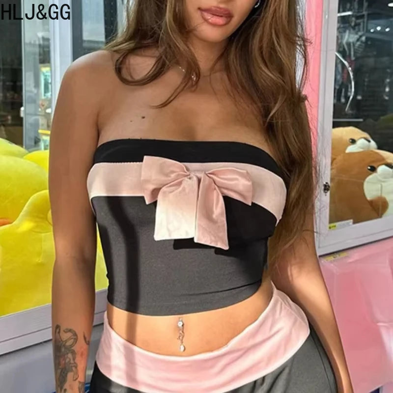HLJ&GG Y2K Pink Fashion Bow Design Two Piece Sets For Women Sleeveless Backless Slim Tube + Mini Skirts Outfits Female Clothing